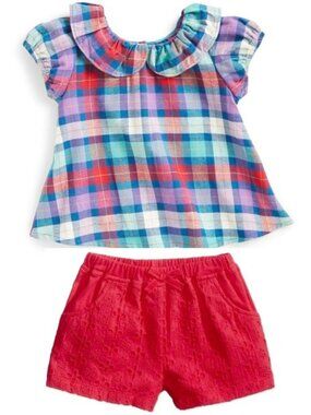NWT. FIRST IMPRESSIONS Girls 2-Pc Set. Plaid Top & Red Shorts